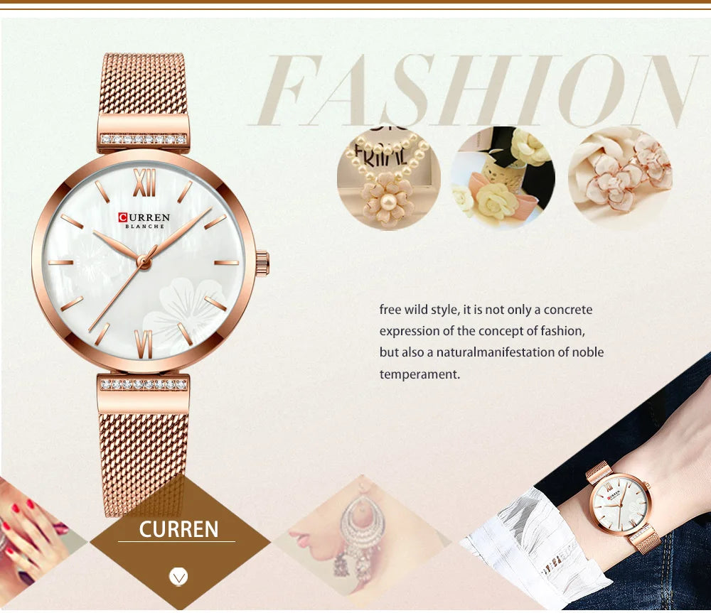 Reloj de moda CURREN para mujer, de lujo, de cuarzo dorado, elegante reloj de pulsera para mujer, reloj de vestir para mujer, acero inoxidable