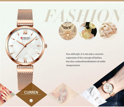 Reloj de moda CURREN para mujer, de lujo, de cuarzo dorado, elegante reloj de pulsera para mujer, reloj de vestir para mujer, acero inoxidable