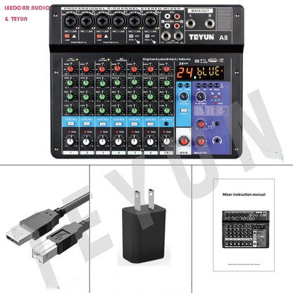 Mesa de mezclas de sonido para DJ TEYUN de 8, 6 y 4 canales, mezclador de audio con 24 efectos DSP, Bluetooth, PC, reproducción USB, grabación, controlador de 48 V, consola de mezclas