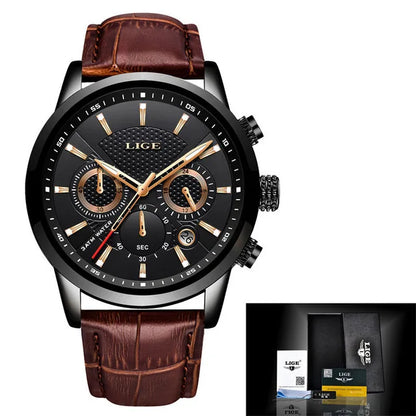 Nuevos relojes LIGE para hombre, marca superior de lujo, reloj de pulsera para hombre, reloj de cuarzo de cuero, reloj deportivo resistente al agua para hombre, reloj Masculino