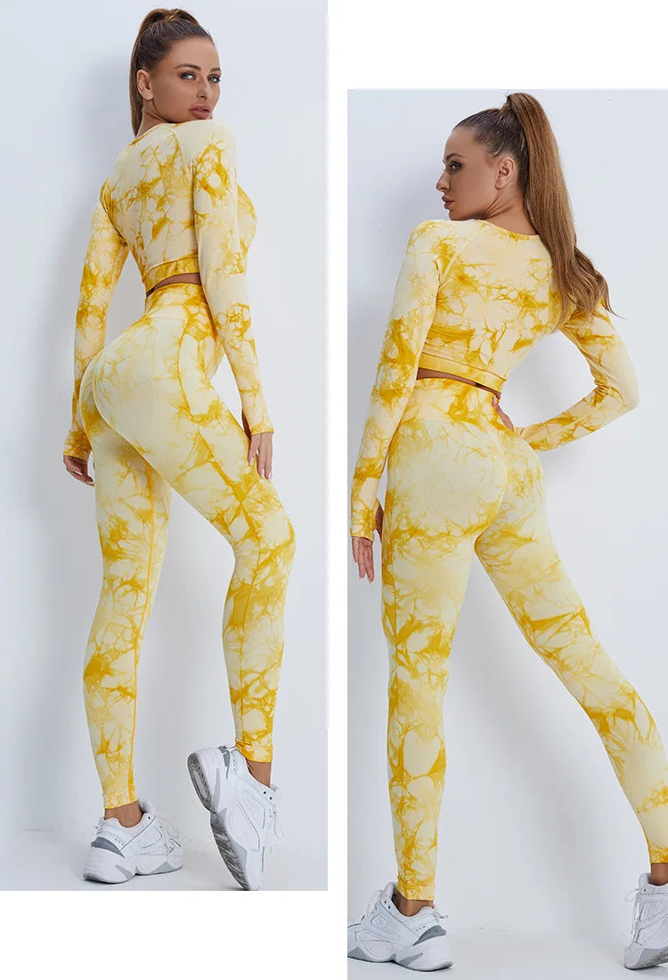 Conjunto de 2 piezas de yoga y gimnasio para mujer, con sujetador deportivo y camiseta de manga larga, leggings con cintura alta, chándal deportivo de moda para niñas.