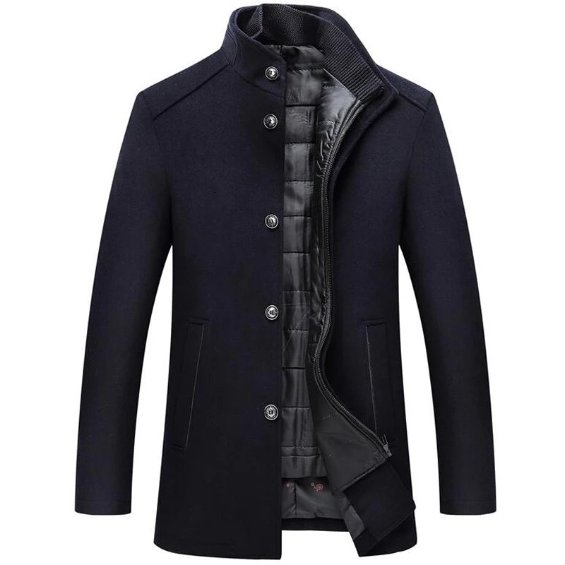Woolen Coat Men Winter Windbreaker Long Thick Wool Jackets abrigo hombre Man Stand Collar Single Breasted With Vest Woolen Coats