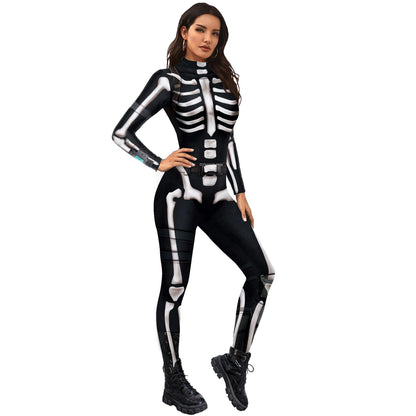 Color Cosplayer Halloween Skeleton Printed Jumpsuits Women Halloween Performance Outfits Party Cosplay Costume Zentai Fitness