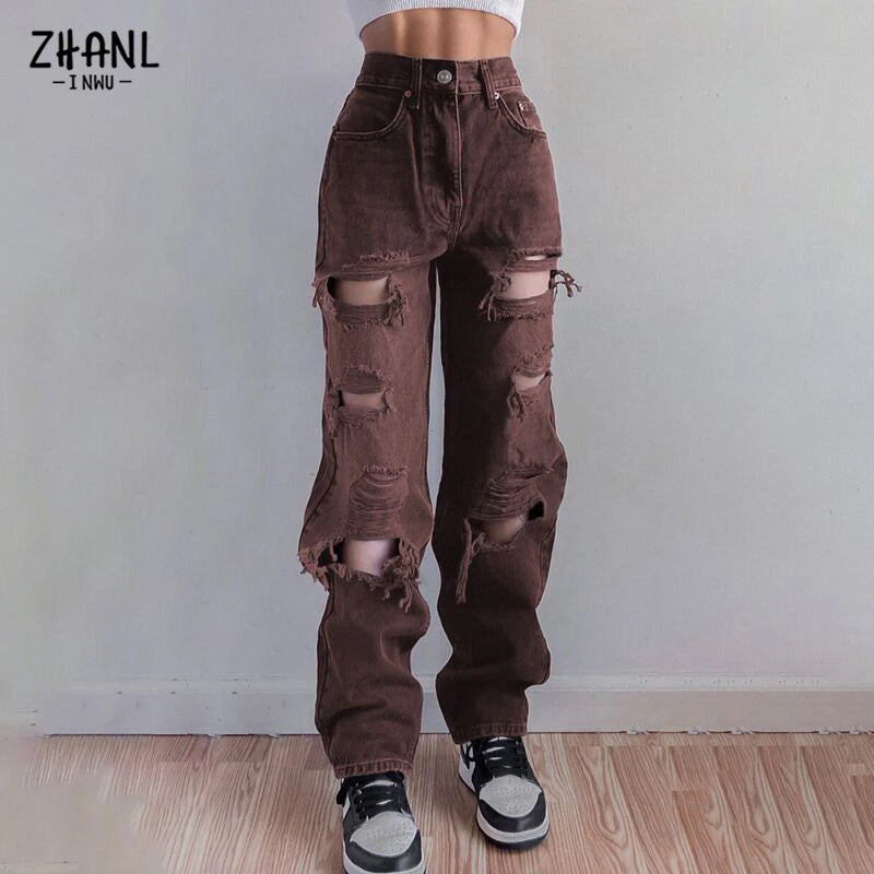Vaqueros negros rotos de cintura alta para mujer, ropa vintage Y2K, pantalones vaqueros rectos de moda, ropa de calle con agujeros, pantalones vaqueros de hip hop.