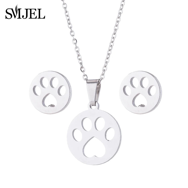 Hermoso conjunto de joyas de acero inoxidable con diseño de gatito y gato en color dorado para hombre, collar con pendientes de gato huecos a la moda, joyería con forma de pata.
