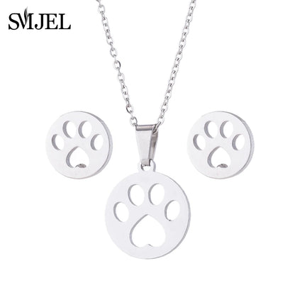 Hermoso conjunto de joyas de acero inoxidable con diseño de gatito y gato en color dorado para hombre, collar con pendientes de gato huecos a la moda, joyería con forma de pata.