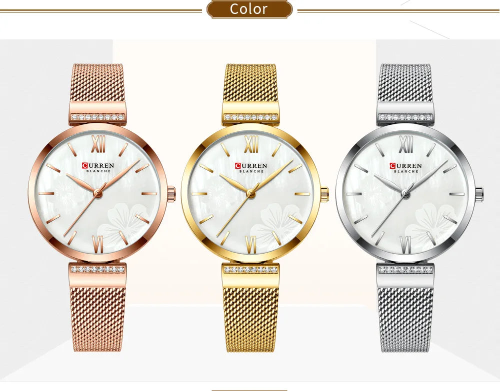 Reloj de moda CURREN para mujer, de lujo, de cuarzo dorado, elegante reloj de pulsera para mujer, reloj de vestir para mujer, acero inoxidable