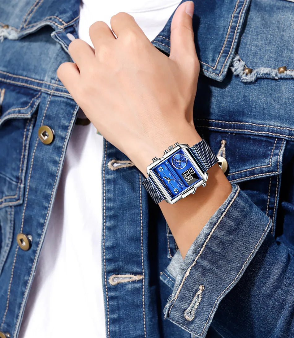 Reloj LIGE de acero negro para hombre, reloj digital con doble pantalla, cronógrafo deportivo, resistente al agua, de cuarzo, estilo militar