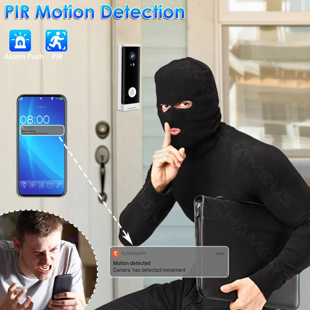 Videoportero Tuya WiFi 1080P HD con batería, visión nocturna, seguridad y control por app (Alexa, Google).