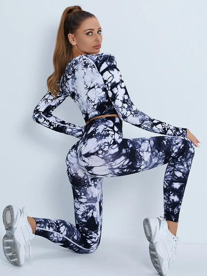 Conjunto de 2 piezas de yoga y gimnasio para mujer, con sujetador deportivo y camiseta de manga larga, leggings con cintura alta, chándal deportivo de moda para niñas.