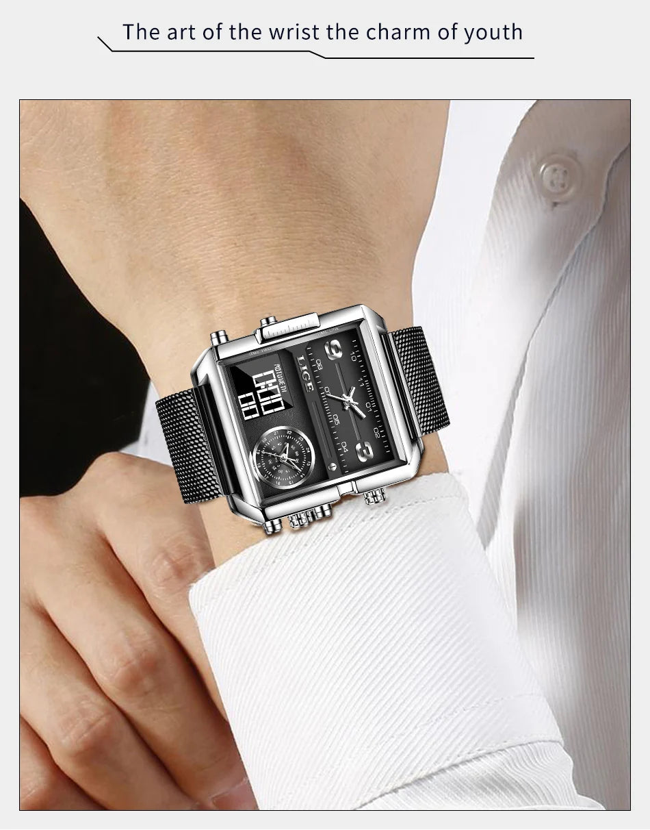 Reloj LIGE de acero negro para hombre, reloj digital con doble pantalla, cronógrafo deportivo, resistente al agua, de cuarzo, estilo militar