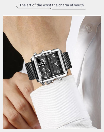 Reloj LIGE de acero negro para hombre, reloj digital con doble pantalla, cronógrafo deportivo, resistente al agua, de cuarzo, estilo militar