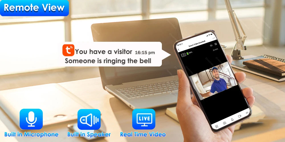 Videoportero Tuya WiFi 1080P HD con batería, visión nocturna, seguridad y control por app (Alexa, Google).