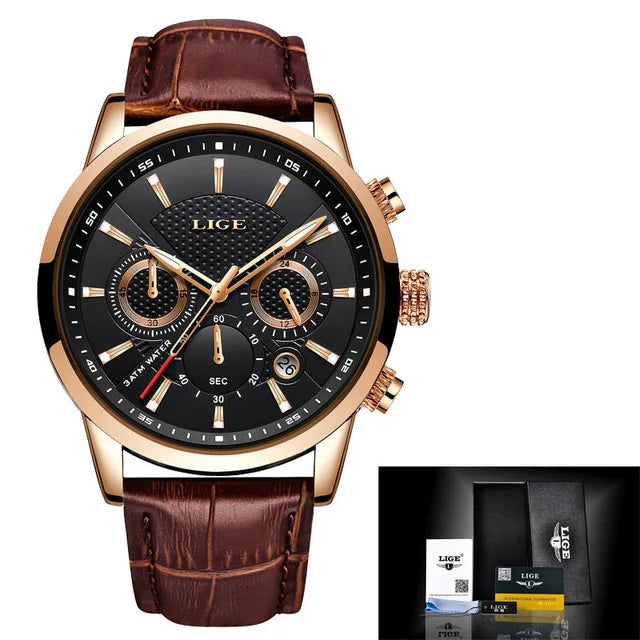Nuevos relojes LIGE para hombre, marca superior de lujo, reloj de pulsera para hombre, reloj de cuarzo de cuero, reloj deportivo resistente al agua para hombre, reloj Masculino