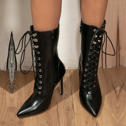 Botas Chelsea negras de moda para mujer, de piel sintética de alta calidad, con punta puntiaguda, para fiestas, discotecas, tacones de aguja, cremallera y cordones.