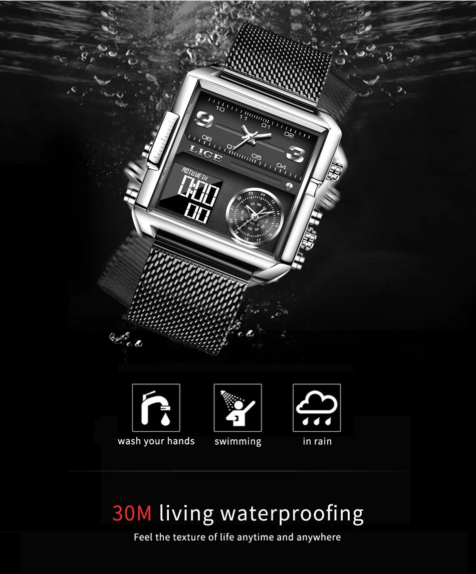 Reloj LIGE de acero negro para hombre, reloj digital con doble pantalla, cronógrafo deportivo, resistente al agua, de cuarzo, estilo militar