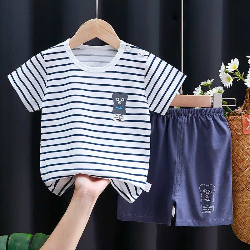 Conjunto de ropa para niños, camiseta y pantalones cortos para bebé niño/niña, ropa de verano de algodón con dibujos animados, chándal informal para niño y bebé.