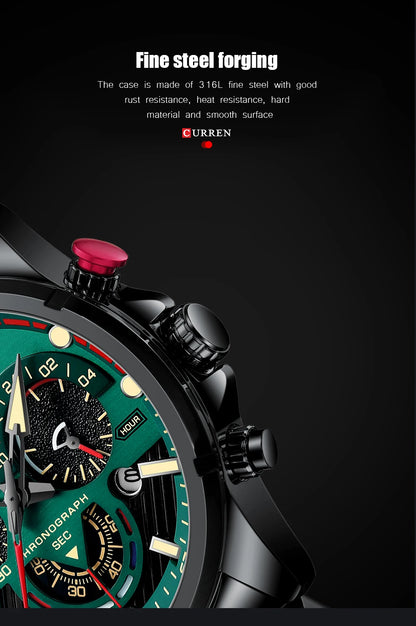 Relojes de cuarzo de moda CURREN para hombre, reloj de pulsera deportivo informal con esfera cronógrafo de acero inoxidable y luminoso