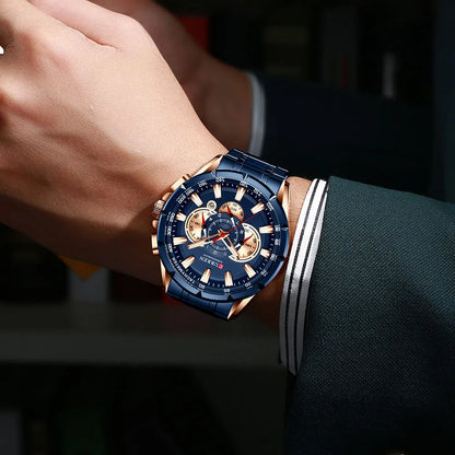 CURREN - Nuevo reloj deportivo informal con cronógrafo para hombre, correa de acero inoxidable, reloj de pulsera de cuarzo con esfera grande y punteros luminosos