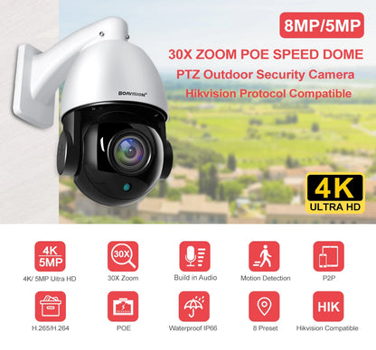 Cámara IP domo de alta velocidad para exteriores, zoom 30x, PoE, PTZ, 4K, 8MP, 5MP, audio H.265, visión nocturna, 80 m, compatible con protocolo Hikvision.