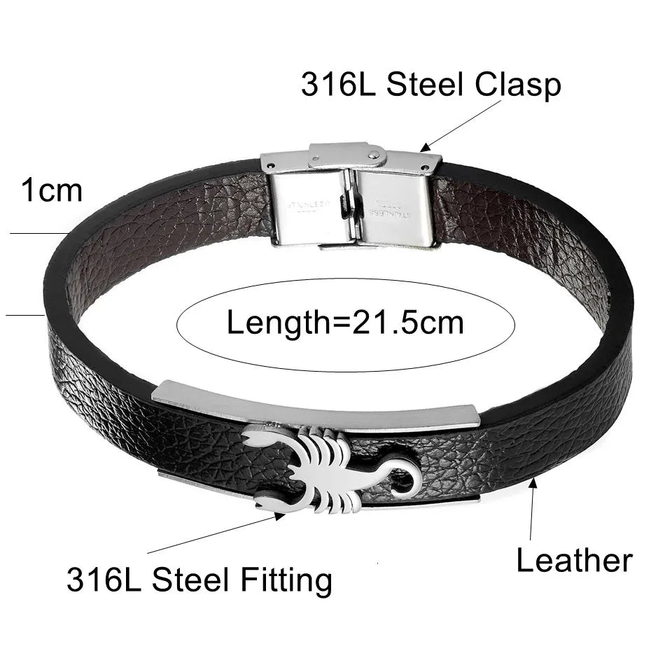 Pulsera de cuero con diseño de escorpión para hombre y mujer, estilo punk, color dorado y plateado