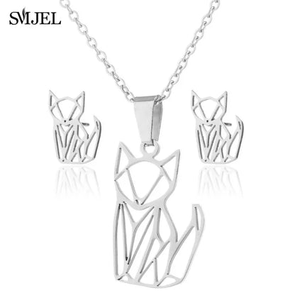 Hermoso conjunto de joyas de acero inoxidable con diseño de gatito y gato en color dorado para hombre, collar con pendientes de gato huecos a la moda, joyería con forma de pata.