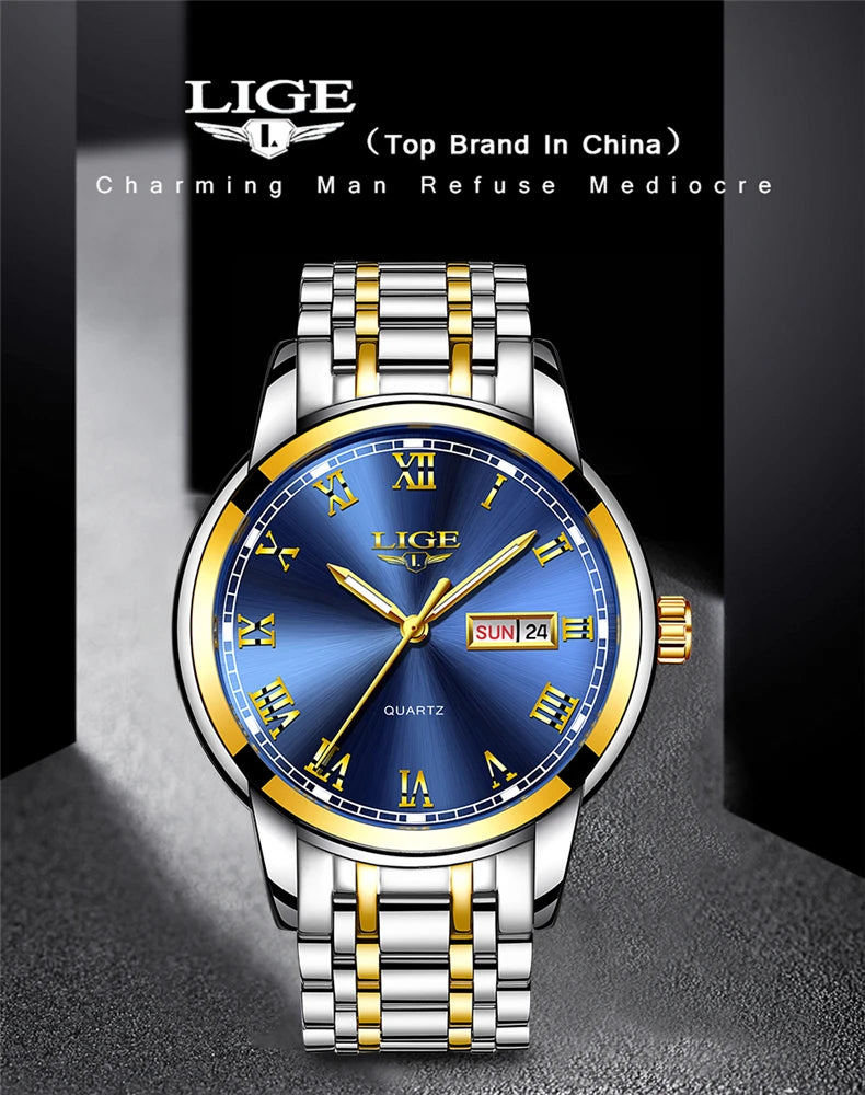 LIGE, nueva marca de lujo, reloj de pulsera de primera moda para negocios y ocio, relojes deportivos impermeables, reloj de cuarzo con calendario, reloj Masculino