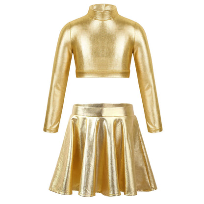Ropa para niños, blusas sin mangas metálicas para niñas, minifalda plisada acampanada, conjunto de 2 piezas para niños, ropa de baile
