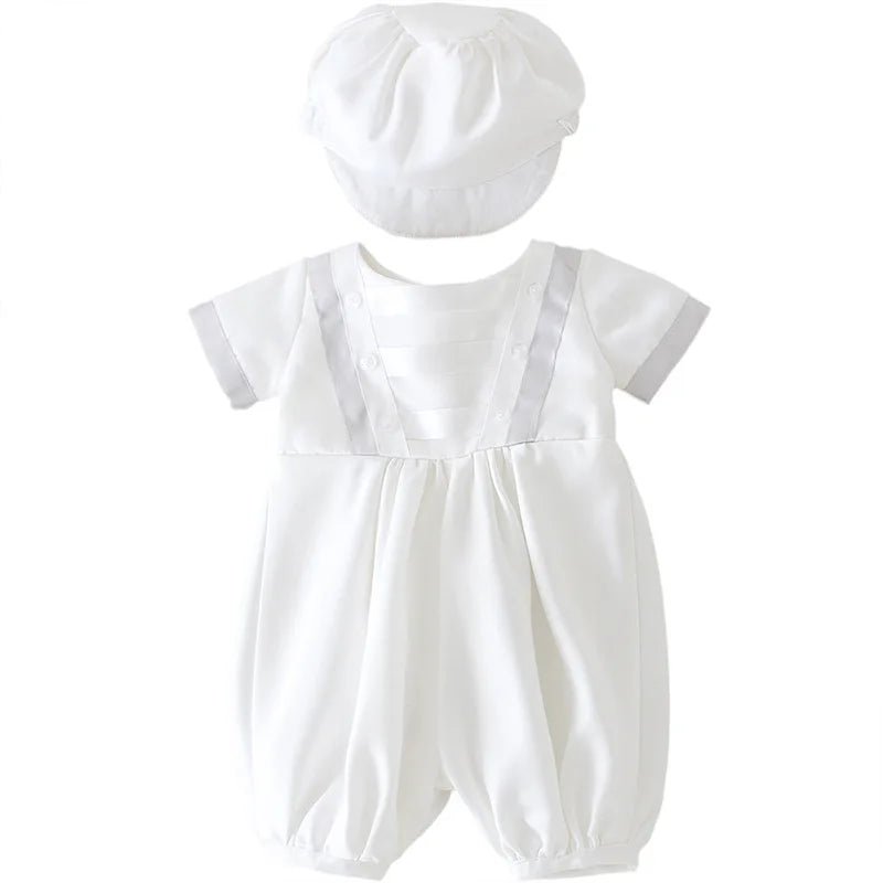Ropa de bebé niño, conjunto de pelele blanco para bautismo con gorro y cuello vuelto, ropa para recién nacidos, primera Navidad, cumpleaños de niño de 3 a 24 meses