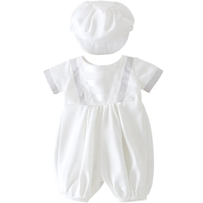 Ropa de bebé niño, conjunto de pelele blanco para bautismo con gorro y cuello vuelto, ropa para recién nacidos, primera Navidad, cumpleaños de niño de 3 a 24 meses