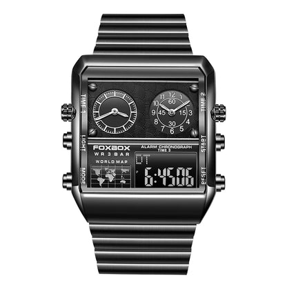 LIGE - Nuevo reloj para hombre, cuadrado, luminoso, deportivo, correa de acero inoxidable, doble pantalla, reloj de pulsera de cuarzo, reloj militar resistente al agua