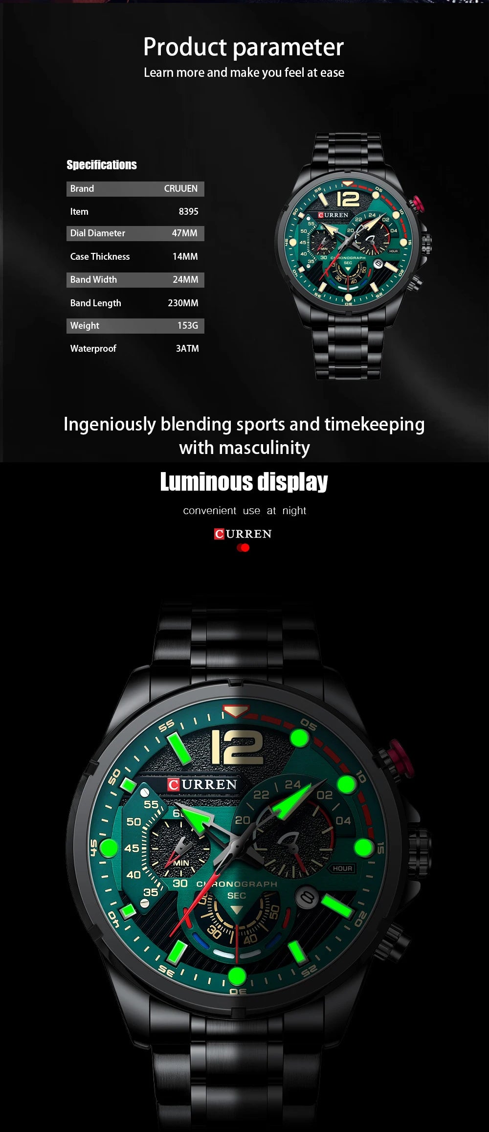 Relojes de cuarzo de moda CURREN para hombre, reloj de pulsera deportivo informal con esfera cronógrafo de acero inoxidable y luminoso