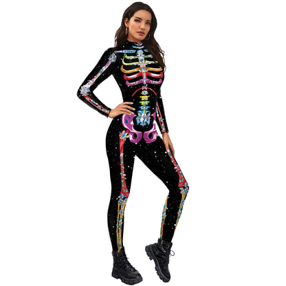 Color Cosplayer Halloween Skeleton Printed Jumpsuits Women Halloween Performance Outfits Party Cosplay Costume Zentai Fitness