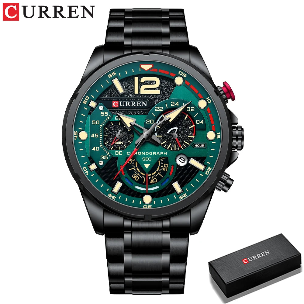 Relojes de cuarzo de moda CURREN para hombre, reloj de pulsera deportivo informal con esfera cronógrafo de acero inoxidable y luminoso