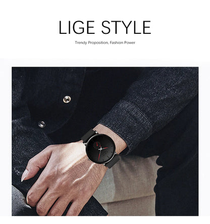 LIGE - Nuevos relojes de moda para hombre, marca superior de lujo, deportivos, impermeables, sencillos, ultrafinos, de cuarzo, reloj Masculino + caja