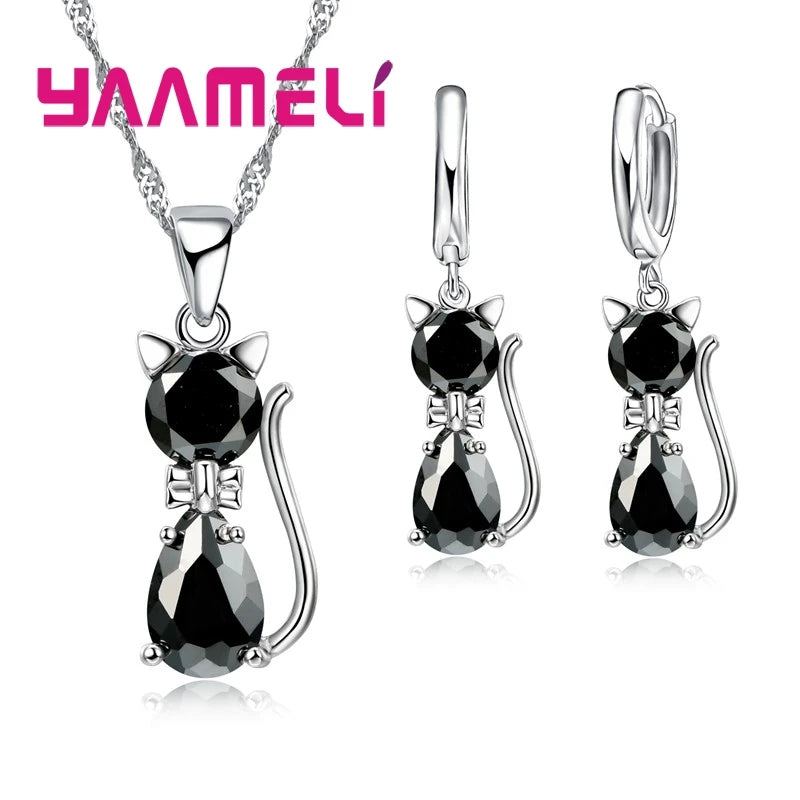Conjuntos de joyas de plata de ley 925 auténtica para mujer y niña, con colgante de gato y cristal austriaco brillante, collar y pendientes tipo huggie.