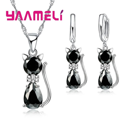 Conjuntos de joyas de plata de ley 925 auténtica para mujer y niña, con colgante de gato y cristal austriaco brillante, collar y pendientes tipo huggie.