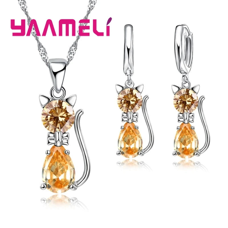 Conjuntos de joyas de plata de ley 925 auténtica para mujer y niña, con colgante de gato y cristal austriaco brillante, collar y pendientes tipo huggie.