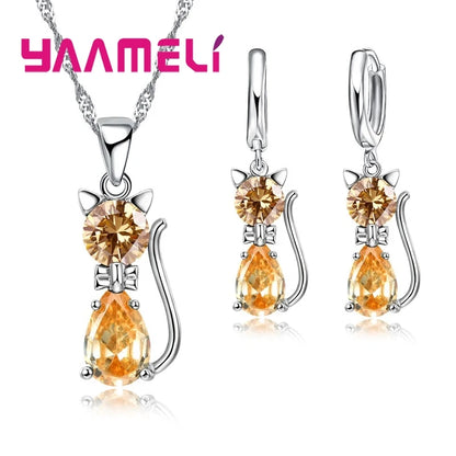 Conjuntos de joyas de plata de ley 925 auténtica para mujer y niña, con colgante de gato y cristal austriaco brillante, collar y pendientes tipo huggie.