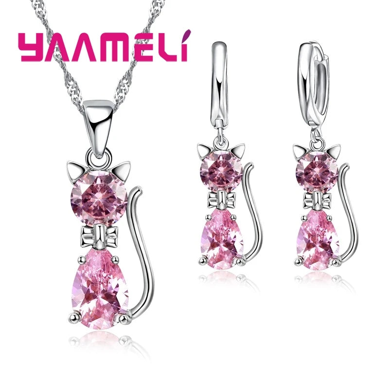 Conjuntos de joyas de plata de ley 925 auténtica para mujer y niña, con colgante de gato y cristal austriaco brillante, collar y pendientes tipo huggie.