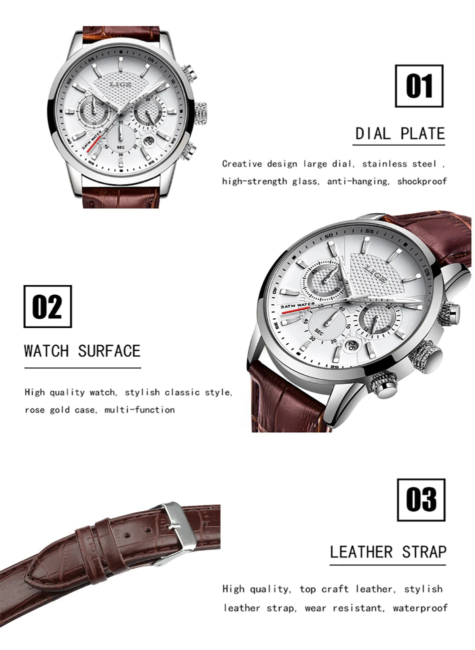 Nuevos relojes LIGE para hombre, marca superior de lujo, reloj de pulsera para hombre, reloj de cuarzo de cuero, reloj deportivo resistente al agua para hombre, reloj Masculino