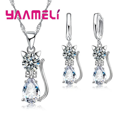 Conjuntos de joyas de plata de ley 925 auténtica para mujer y niña, con colgante de gato y cristal austriaco brillante, collar y pendientes tipo huggie.