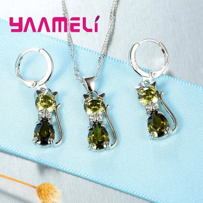 Conjuntos de joyas de plata de ley 925 auténtica para mujer y niña, con colgante de gato y cristal austriaco brillante, collar y pendientes tipo huggie.
