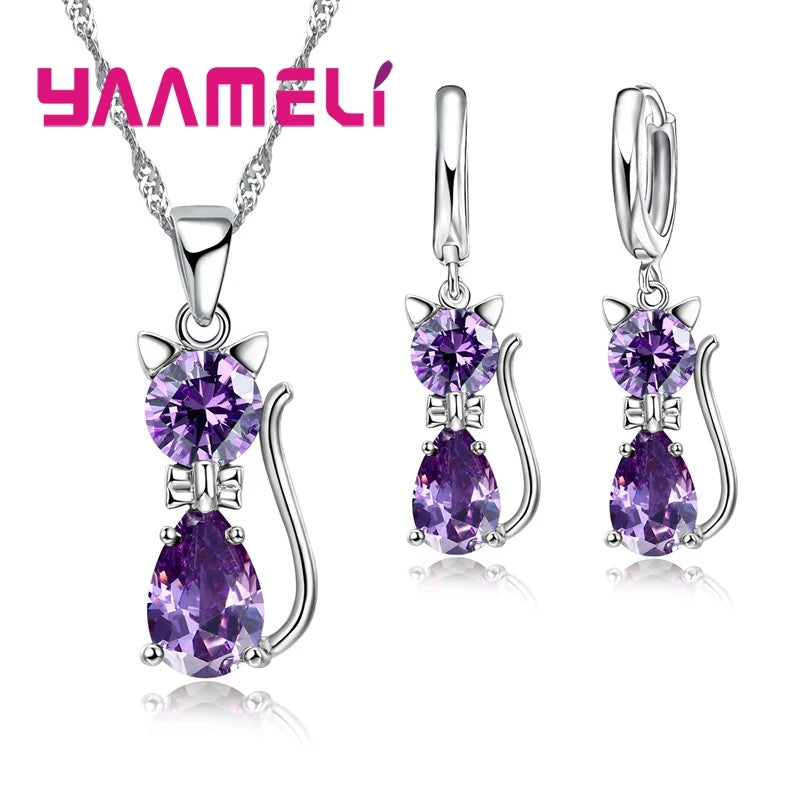 Conjuntos de joyas de plata de ley 925 auténtica para mujer y niña, con colgante de gato y cristal austriaco brillante, collar y pendientes tipo huggie.