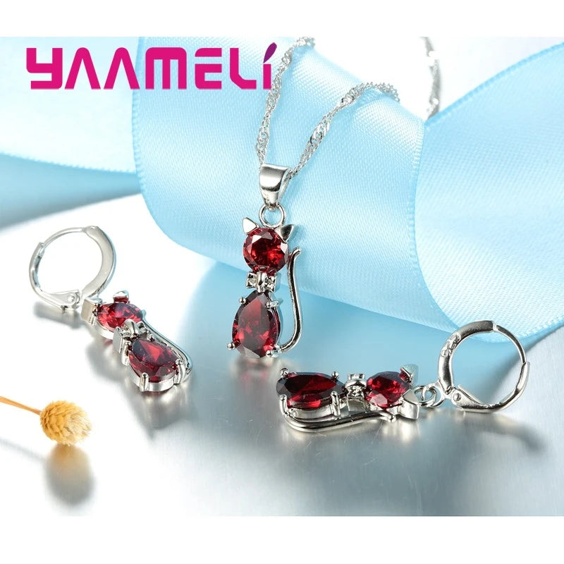 Conjuntos de joyas de plata de ley 925 auténtica para mujer y niña, con colgante de gato y cristal austriaco brillante, collar y pendientes tipo huggie.