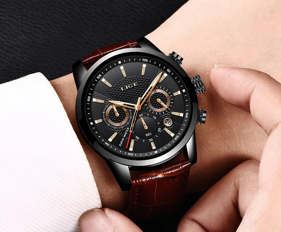 Nuevos relojes LIGE para hombre, marca superior de lujo, reloj de pulsera para hombre, reloj de cuarzo de cuero, reloj deportivo resistente al agua para hombre, reloj Masculino