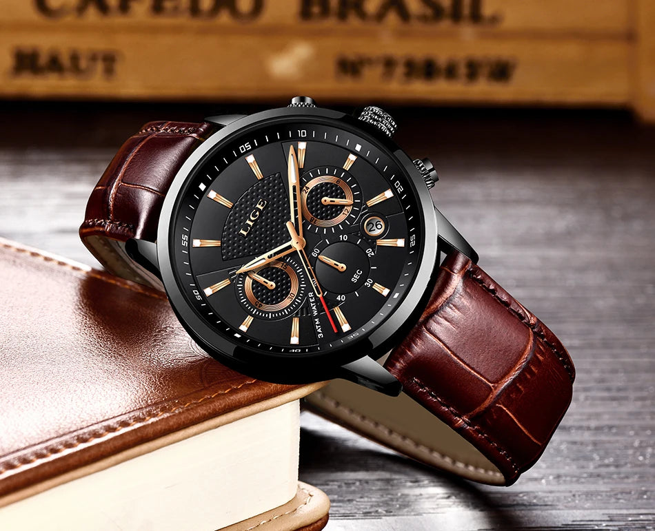 Nuevos relojes LIGE para hombre, marca superior de lujo, reloj de pulsera para hombre, reloj de cuarzo de cuero, reloj deportivo resistente al agua para hombre, reloj Masculino