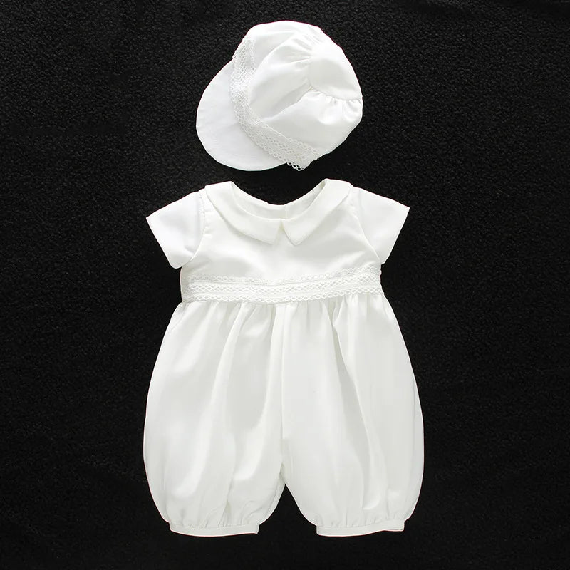 Ropa de bebé niño, conjunto de pelele blanco para bautismo con gorro y cuello vuelto, ropa para recién nacidos, primera Navidad, cumpleaños de niño de 3 a 24 meses