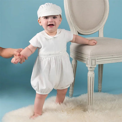 Ropa de bebé niño, conjunto de pelele blanco para bautismo con gorro y cuello vuelto, ropa para recién nacidos, primera Navidad, cumpleaños de niño de 3 a 24 meses