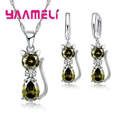 Conjuntos de joyas de plata de ley 925 auténtica para mujer y niña, con colgante de gato y cristal austriaco brillante, collar y pendientes tipo huggie.